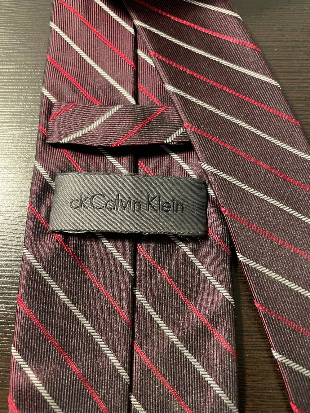 Calvin Klein Maroon Tie with Red and Silver Stripes